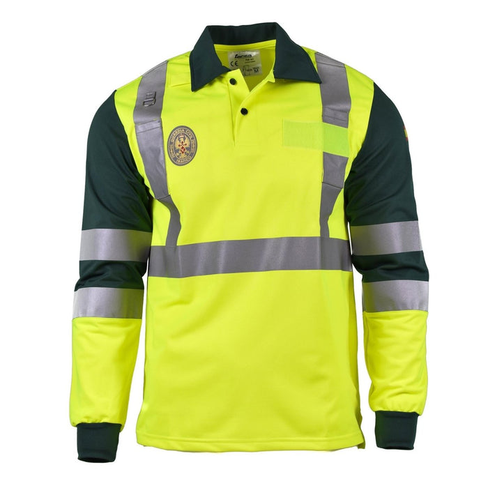 Polo amarillo de manga larga auténtico de la Guardia Civil Española con tiras reflectantes para alta visibilidad y seguridad.