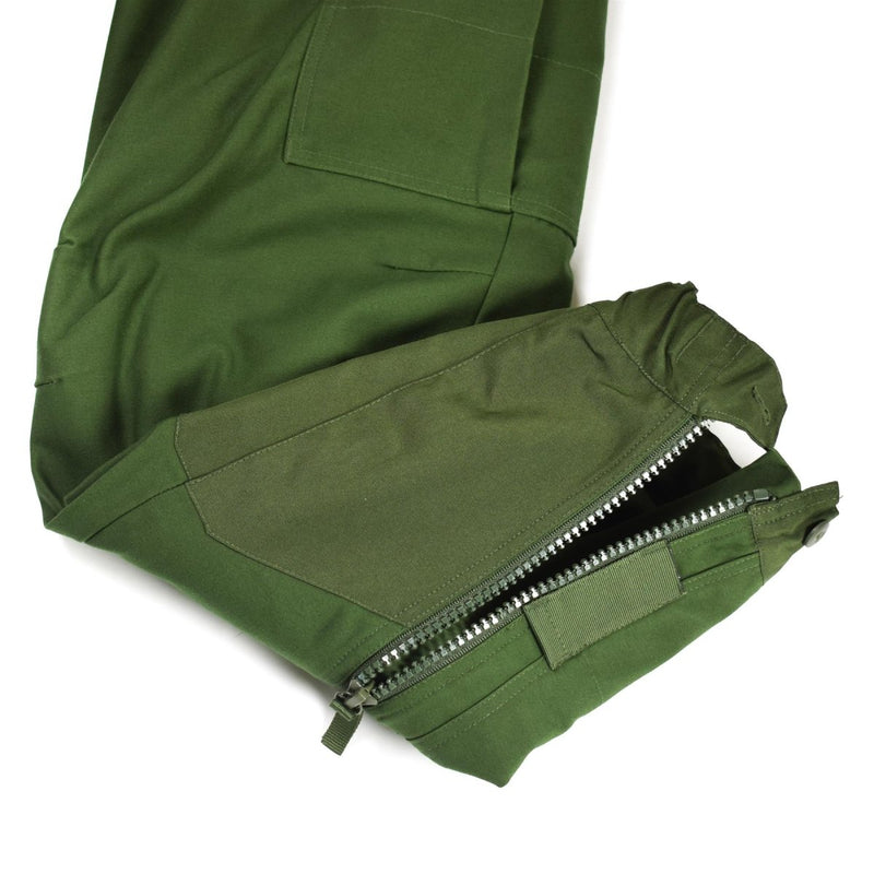 Genuine Swedish military thermal tanker pants in olive green with zipper and reinforced knee panels for cold weather use