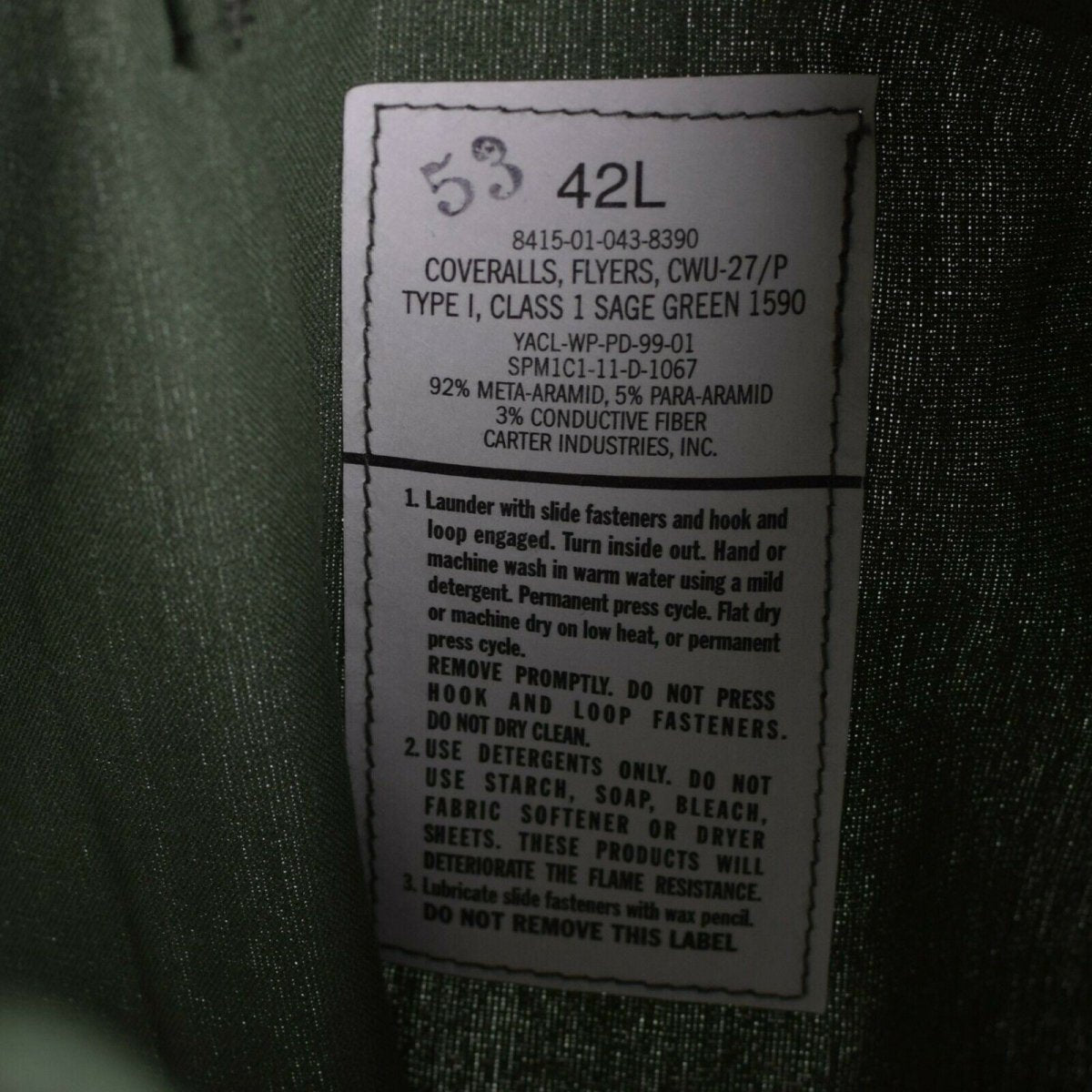 Traje de vuelo genuino del ejército de EE. UU. USAF CWU-27/P Verde nomex resistente al fuego