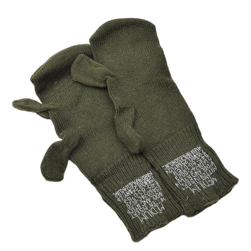Green U.S. military wool trigger finger mittens with fingerless design for warmth and dexterity in cold conditions.