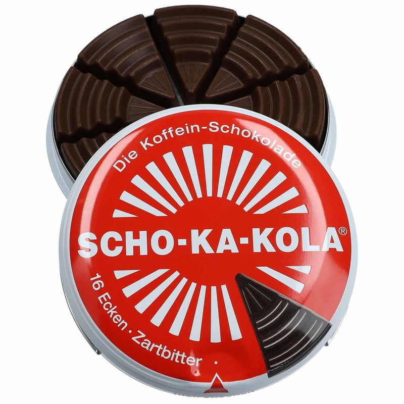 SCHO-KA-KOLA German dark chocolate with caffeine and cola nut, 100g tin with 16 energizing segments.