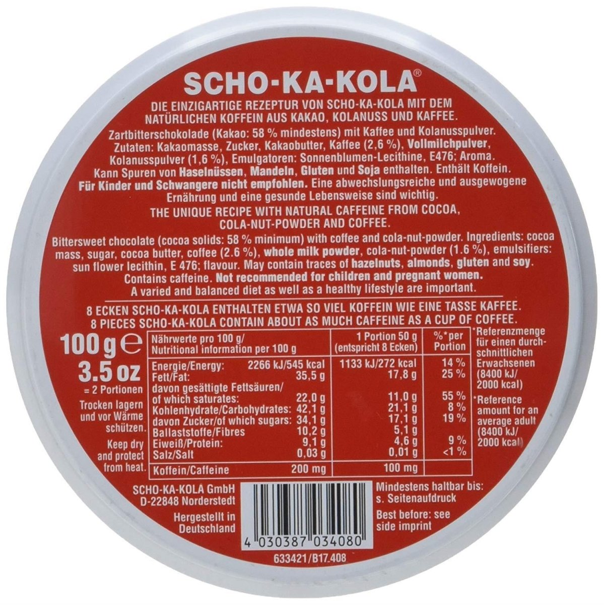 Energía alemana de chocolate negro Scho-ka-kola cafeína y nuez de cola 100 g de estaño