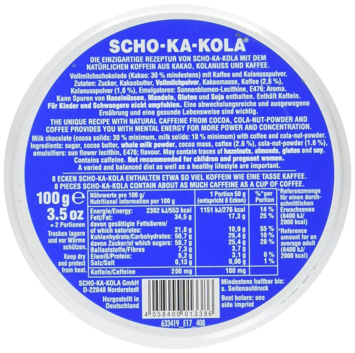 Energía alemana chocolate chocolate escolar con leche integral 100 g de estaño azul