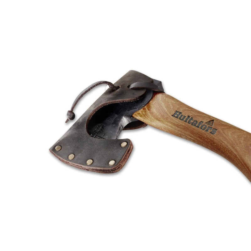 HULTAFORS Agelsjon mini hatchet with leather sheath, carbon steel blade, and ergonomic American hickory wood handle for outdoor use.