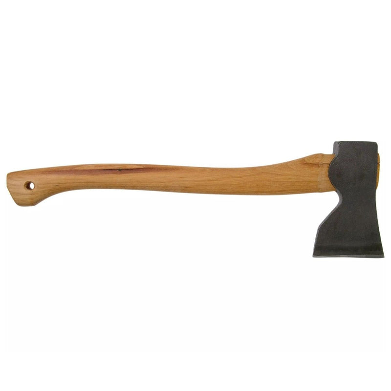 Hultafors carpenter’s axe with curved hickory wood handle and carbon steel blade for precision woodworking.