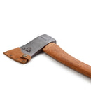 Hultafors H009SV hand-forged carbon steel axe with lightweight hickory handle and protective leather sheath on white background