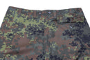 Close-up of Leo Kohler lightweight tactical airsoft pants in Flecktarn camo with belt loops and buttoned pocket detailing.