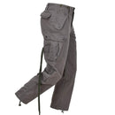 Side view of gray Leo Kohler combat military pants with multiple pockets and adjustable waist straps