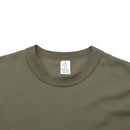 Close-up of olive green Leo Kohler tactical military short sleeve undershirt with crew neckline and tag visible