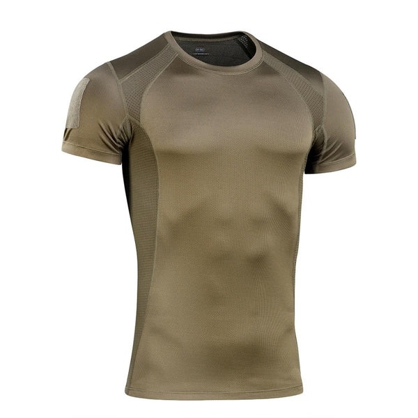Olive green M-TAC military tactical short-sleeve shirt made of breathable, lightweight stretch polyester fabric for active use