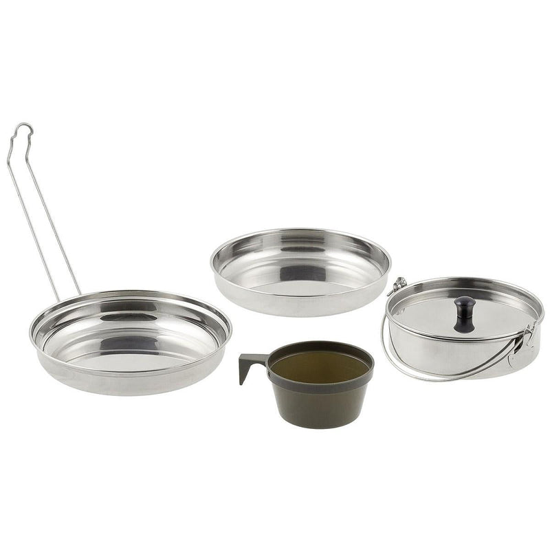 MFH stainless steel 5-piece camping mess kit with pot, pan, bowl, and plastic cup for hiking and trekking