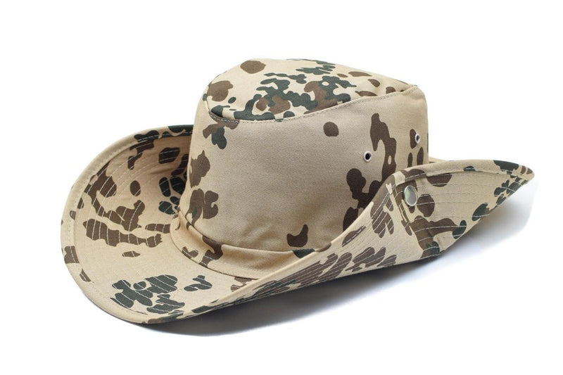 MFH military style panama hat with tropentarn camouflage, wide foldable brim, ventilation holes, and chin strap for outdoor use.