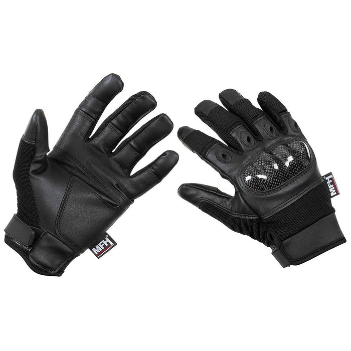 Guantes tácticos MFH negros con protectores de nudillos y muñequeras ajustables para tiro y uso en exteriores