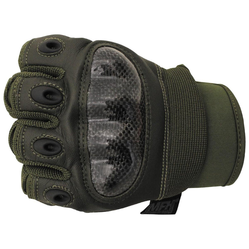 Military-style olive tactical glove with carbon knuckle protectors and adjustable wristband, fingerless for precision use.