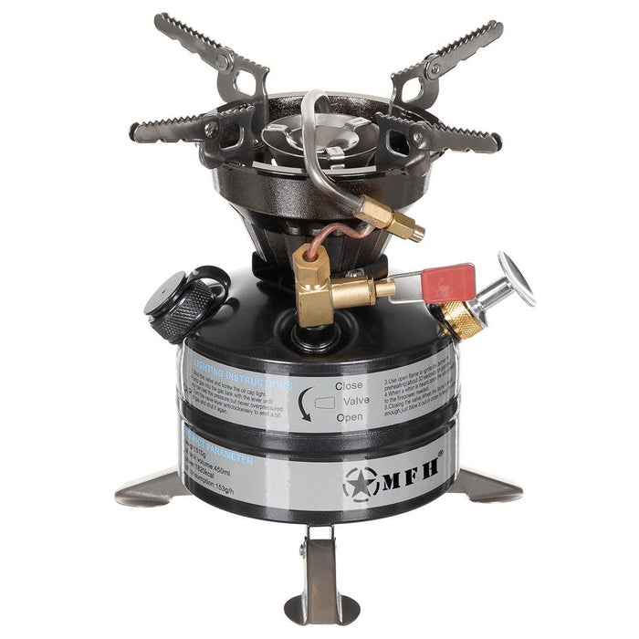 Estufa de gasolina compacta MFH con patas plegables y depósito de combustible integrado para cocinar eficientemente al aire libre.