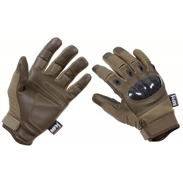 Guantes tácticos de combate coyote de la marca MFH con protectores de nudillos transpirables y diseño plegable de pulgar e índice