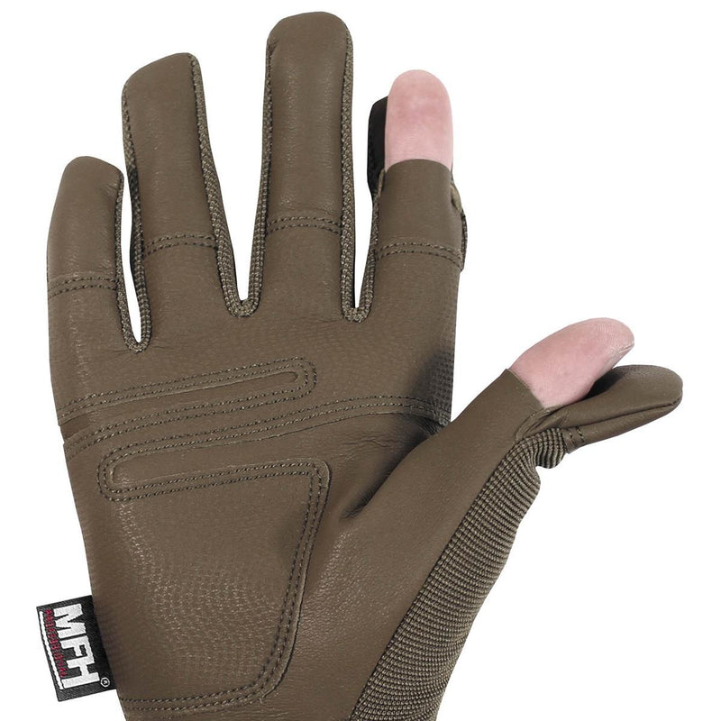 Coyote brown MFH tactical glove with breathable material, foldable thumb and index finger for precision handling.