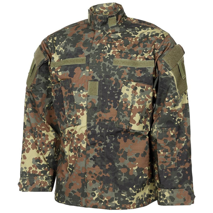 Chaqueta estilo militar estadounidense de la marca MFH en ripstop de camuflaje flecktarn con múltiples bolsillos y codos reforzados