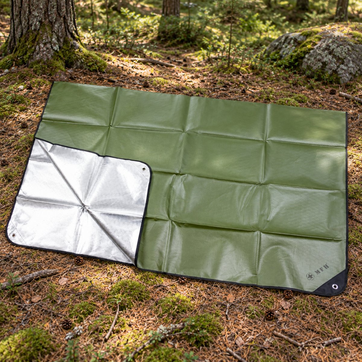 MFH Lona de Emergencia 210 x 150 cm Lona de Camping Revestida de Aluminio OD Verde