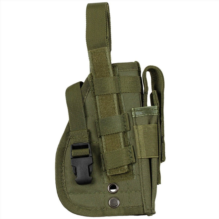 Olive green MFH right-handed pistol holster with MOLLE fastening, hook-and-loop, and press-button closures