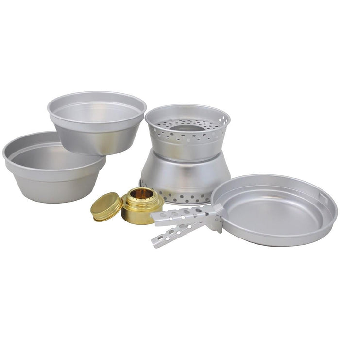 Juego de utensilios de cocina de camping ligeros de aluminio MFH PREMIUM con ollas, sartén, quemador de alcohol de latón y mango plegable para uso en exteriores.