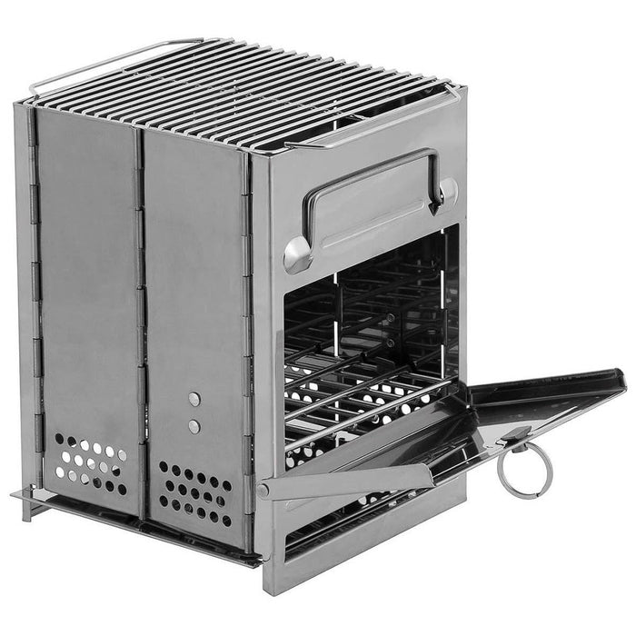 Estufa cohete plegable portátil de acero inoxidable con parrilla para barbacoa para una parrillada eficiente para acampar al aire libre.