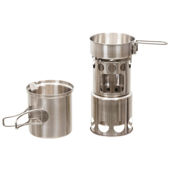 Juego de cocina compacto de acero inoxidable para acampar con olla, sartén y estufa portátil para cocinar al aire libre y excursiones de senderismo