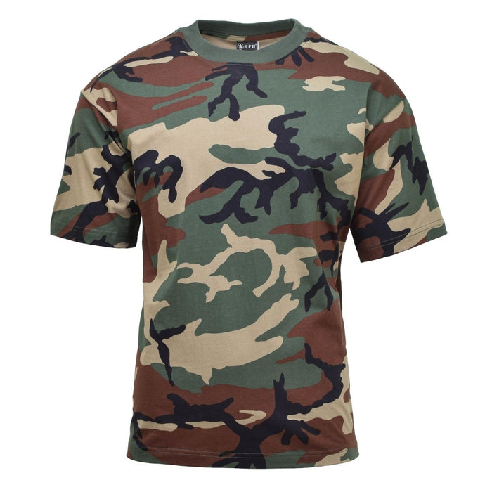 Camiseta de manga corta estilo militar estadounidense con estampado de camuflaje forestal, tejido transpirable, duradero y ligero.