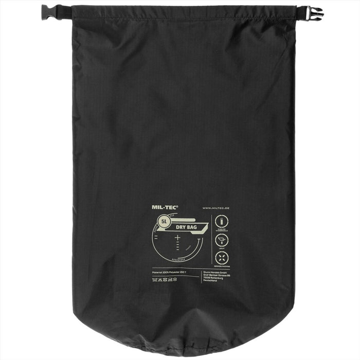 Bolsa seca MIL-TEC de 5 litros, impermeable, con cierre enrollable, almacenamiento de equipo para exteriores, color negro - GoMilitar
