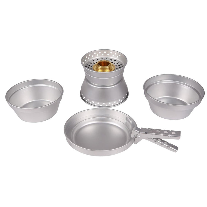 Juego de utensilios de cocina de camping de aluminio MIL-TEC con dos ollas, sartén y quemador compacto de latón para caminatas y cocinar al aire libre.