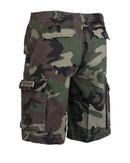Mil-Tec German Military paratrooper cargo shorts in prewashed woodland camo with multiple secure pockets for rugged outdoor use.