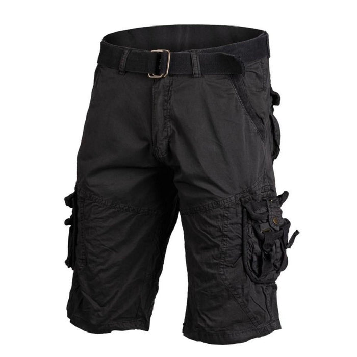 Shorts cargo negros de estilo militar Mil-Tec Germany con cintura ajustable y múltiples bolsillos seguros, aspecto vintage prelavado.