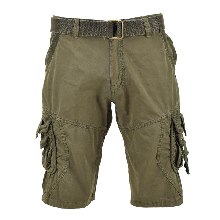Pantalones cortos de combate color oliva prelavados de estilo vintage Mil-Tec con cinturón y bolsillos cargo seguros para uso resistente en exteriores.