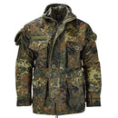 Men's Mil-Tec Flecktarn camo RipStop jacket with multiple pockets, zipper, and durable polycotton blend fabric.