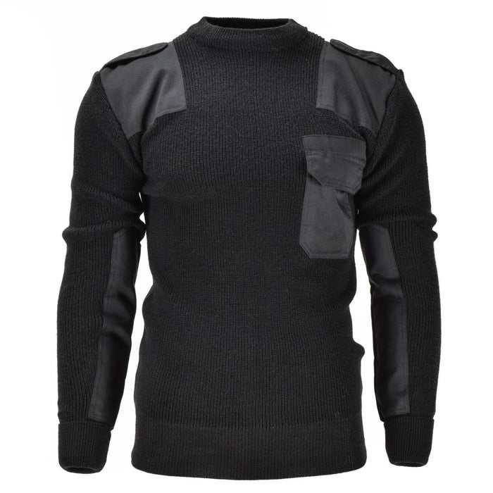 Jersey negro Mil-Tec de la Bundeswehr alemana con codos reforzados, hombreras, charreteras y diseño de bolsillo en el pecho.