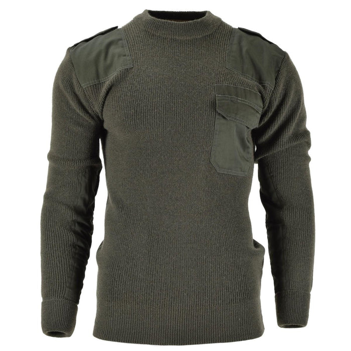 Jersey comando de lana estilo Bundeswehr alemán Mil-Tec verde oliva con hombros reforzados y bolsillo en el pecho.