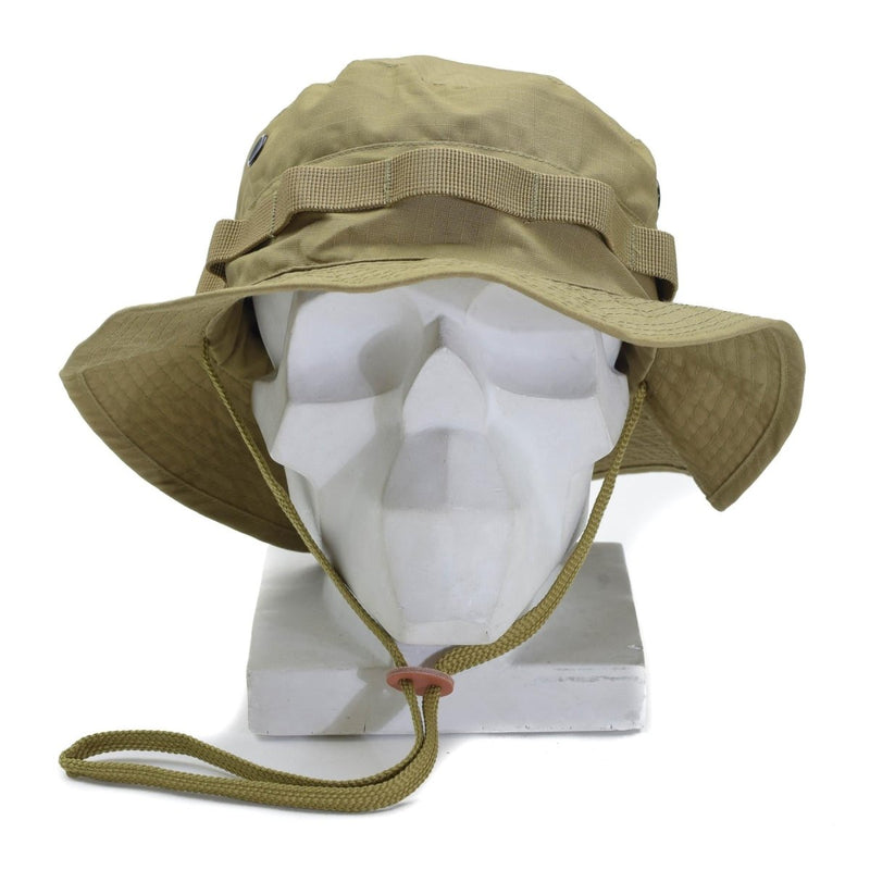 Mil-Tec military-style coyote boonie hat with ripstop fabric, chin strap, lightweight and breathable for outdoor use.