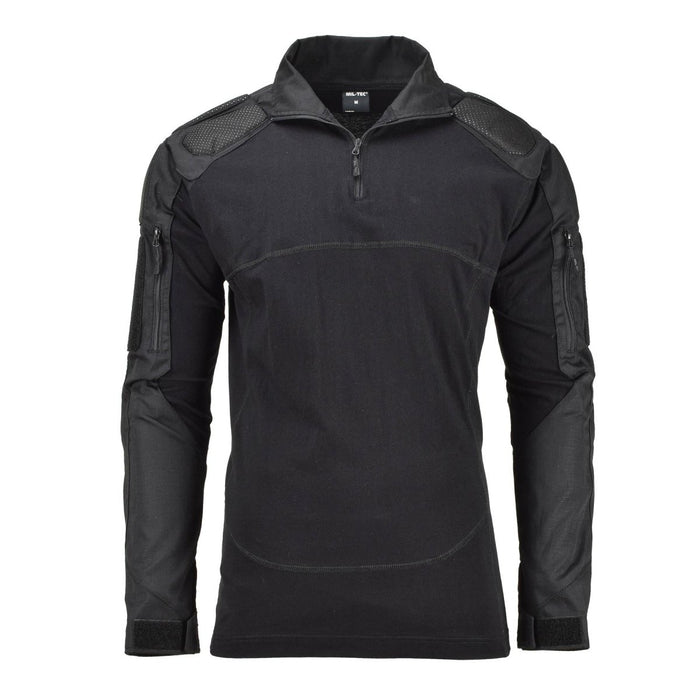 Camisa de combate táctica negra Mil-Tec con codos y hombros acolchados, tejido transpirable, duradero y que absorbe la humedad.