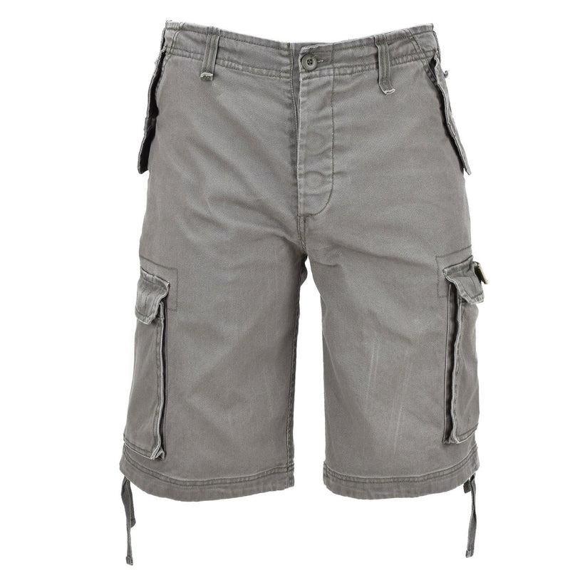 Military-style gray prewashed moleskin cargo shorts with belt loops and multiple secured pockets for outdoor use