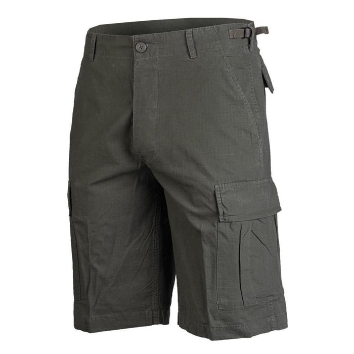 Bermudas estilo ejército de EE. UU., color verde oliva, prelavadas y antidesgarros, con bolsillos cargo, diseño ligero y duradero.