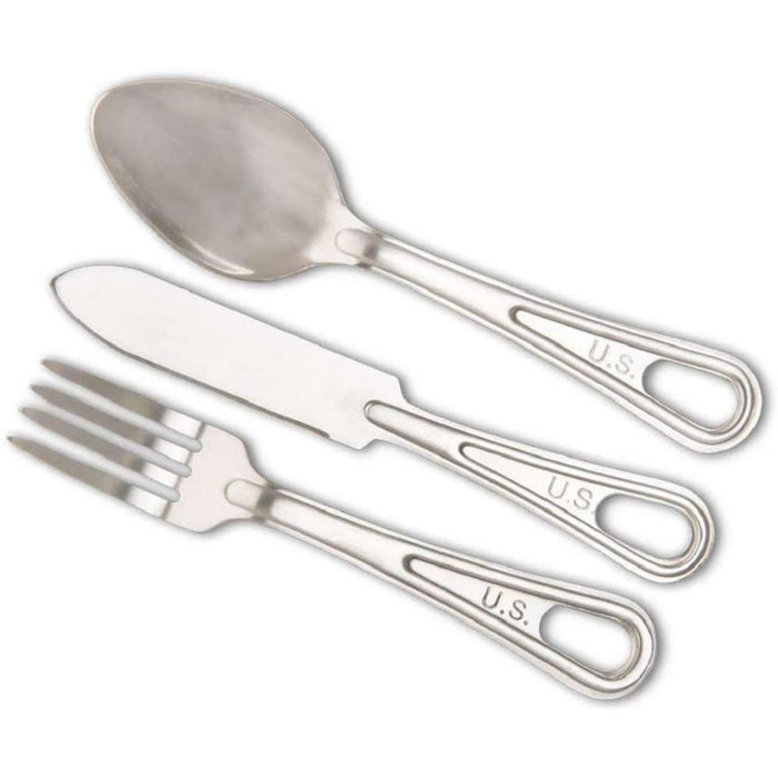 Juego de cubiertos estilo militar Mil-Tec U.S. de acero inoxidable con cuchara, tenedor y cuchillo para uso en exteriores.