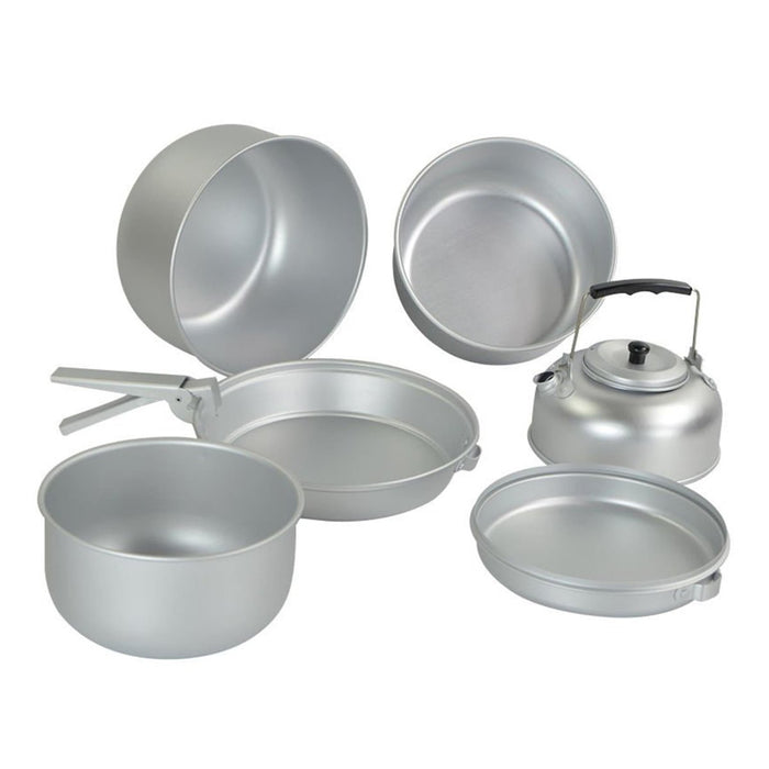 Juego de utensilios de cocina para acampar de aluminio liviano MIL-TEC con ollas, sartén y hervidor para cocinar al aire libre y hervir agua.