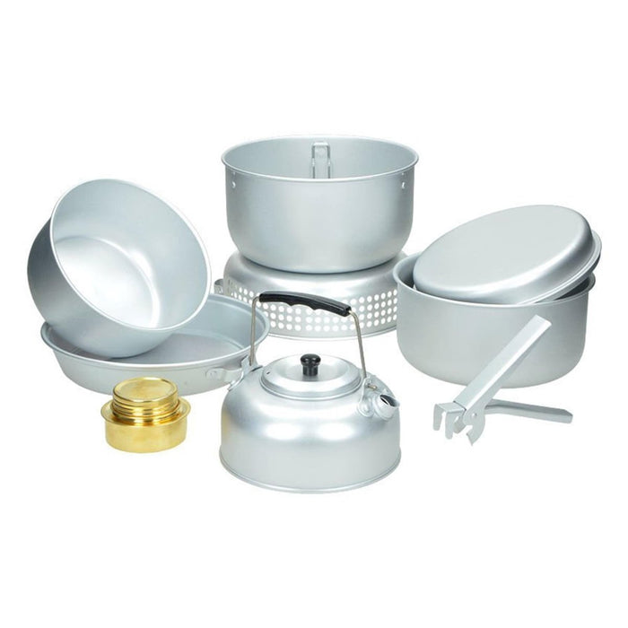 Juego de utensilios de cocina para camping MIL-TEC con ollas, sartenes, hervidor, quemador de alcohol y utensilios de aluminio para cocinar al aire libre