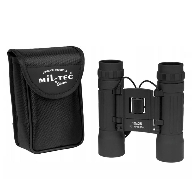 Mil-Tec Binoculares plegables 10x25 Vista transparente Bolsa de nylon protectora Negro