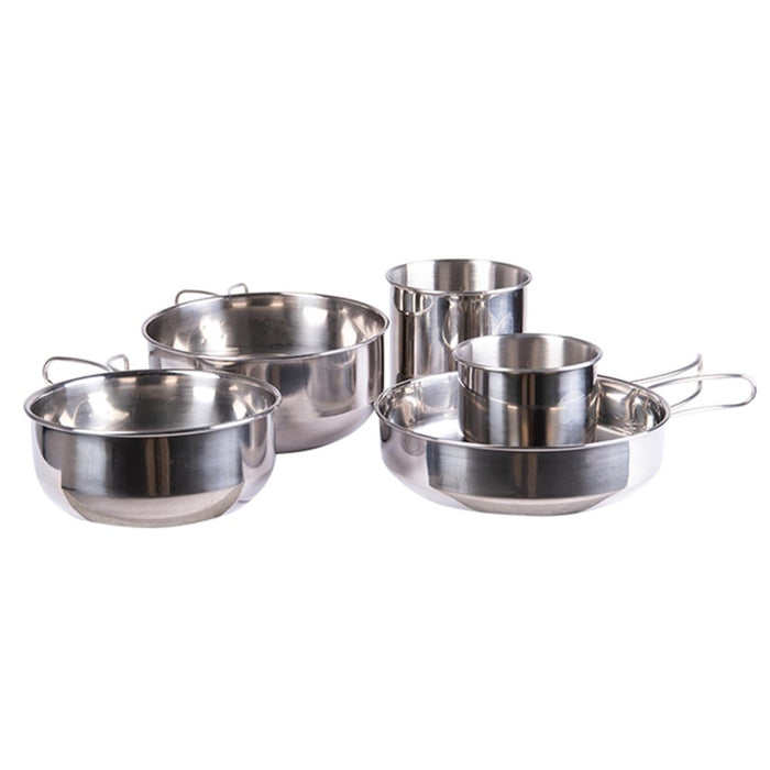Juego de utensilios de cocina para acampar de 5 piezas de acero inoxidable MIL-TEC que incluye ollas y tazas para cocinar al aire libre y portabilidad.