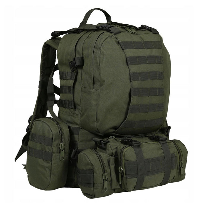 Mochila táctica verde oliva de estilo militar con múltiples bolsillos desmontables y correas MOLLE para uso versátil en exteriores