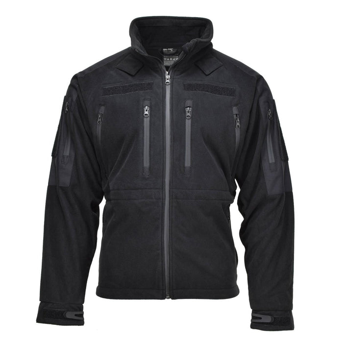 Chaqueta polar negra MIL-TEC para clima frío con cremallera completa, múltiples bolsillos y tejido térmico resistente al agua.