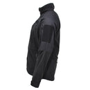 Side view of black MIL-TEC fleece jacket designed for cold weather, water resistant and thermal hiking activewear.