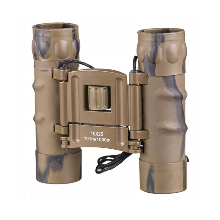 Prismáticos plegables MIL-TEC Gen II 10x25 en camuflaje del desierto con dioptrías ajustables y diseño plegable compacto