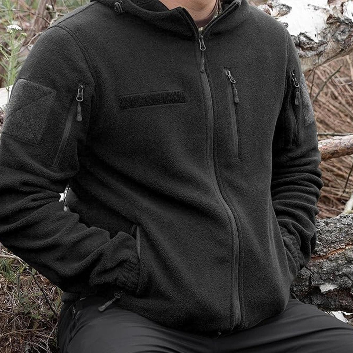 Chaqueta polar MIL-TEC GEN II Cálida Codos reforzados Capucha Bolsillo en el pecho Negro